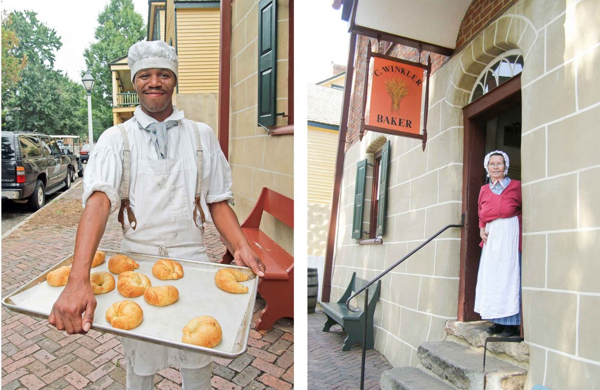 Left: A man smiles as he holds a tray of freshly baked croissants. Right: A woman stands at the door of the bakery wearing traditional clothing including a bonnet and long skirt.