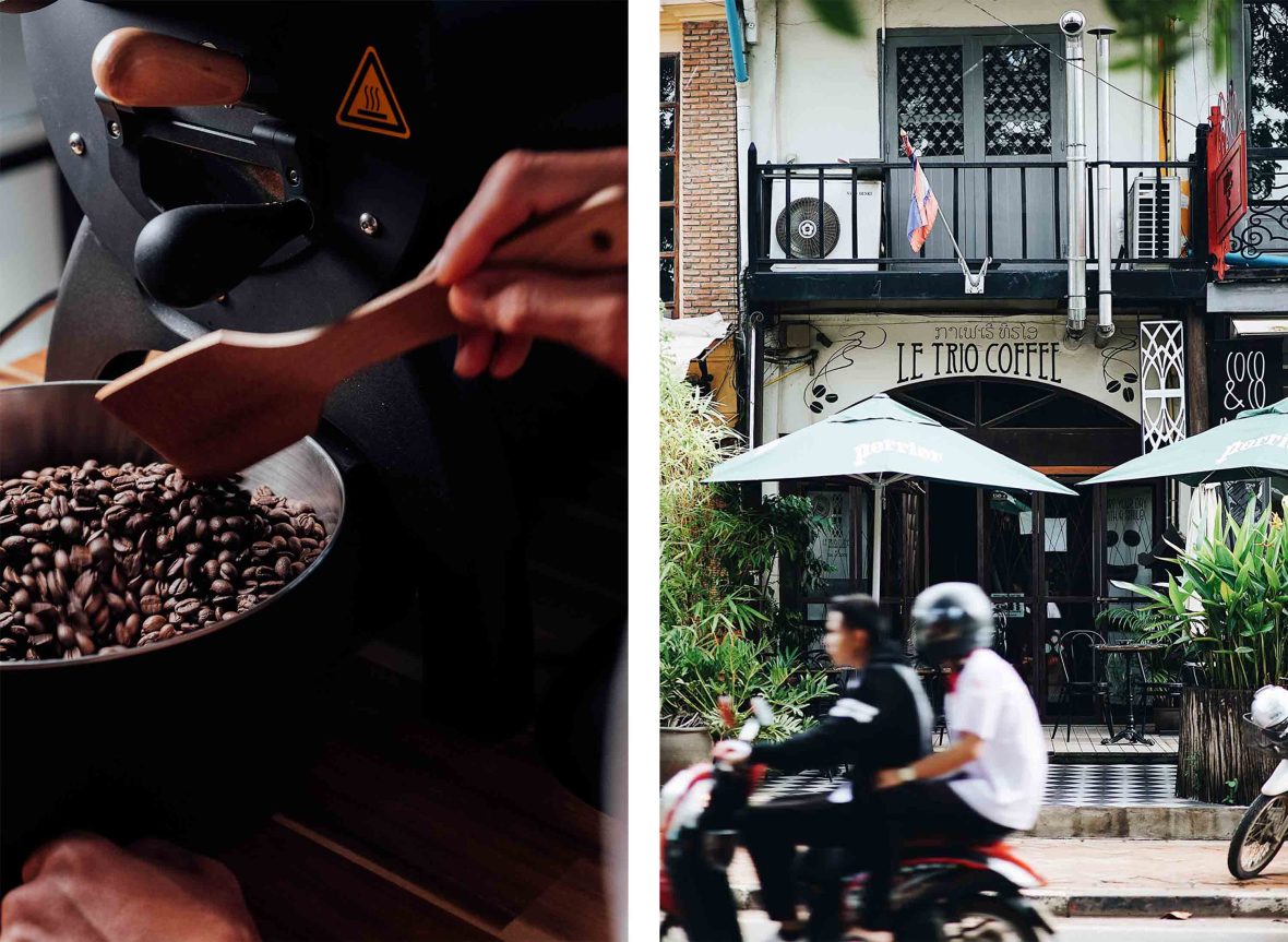 Left: A person stirs roasted coffee beans. Right: A scooter rides past Le Trio coffee.