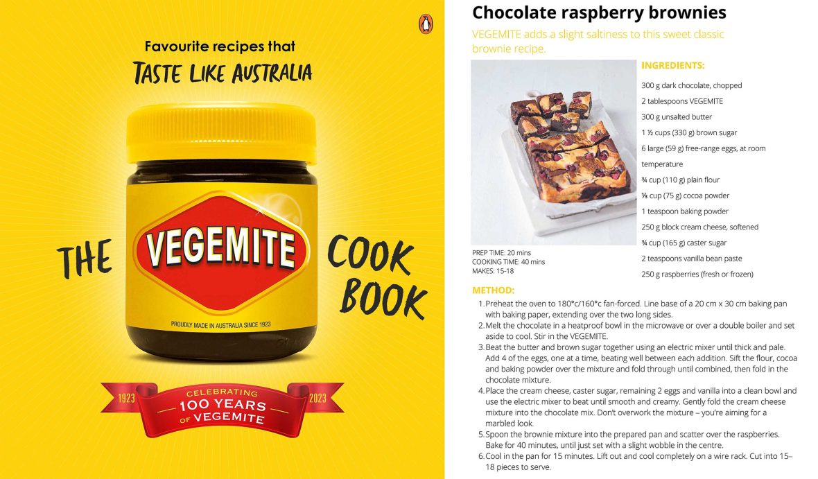Left: The cover of the Vegemite cookbook. Right: A recipe from inside the book for chocolate raspberry brownies.
