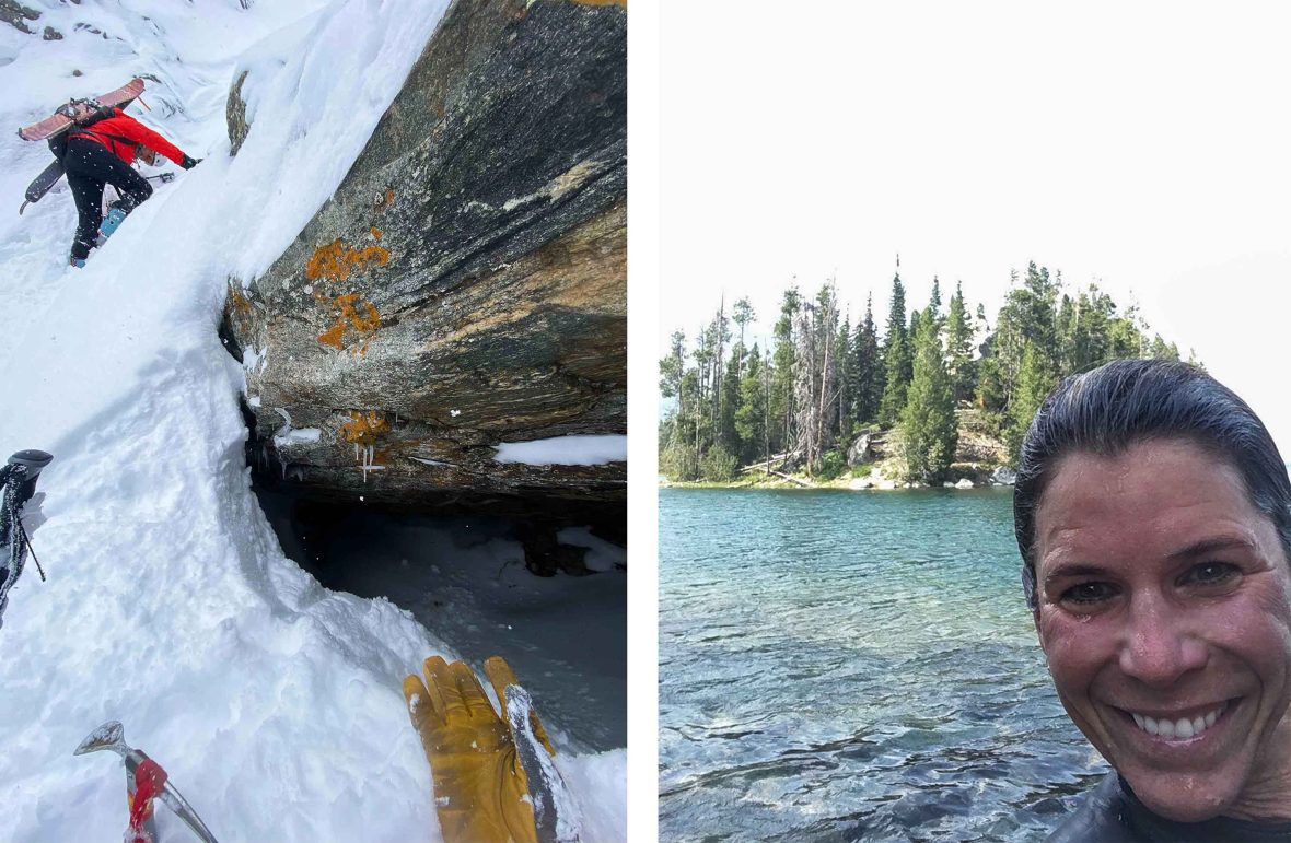 Left: Julia climbs up a couloir. Right: Julia swims in Lake Leigh
