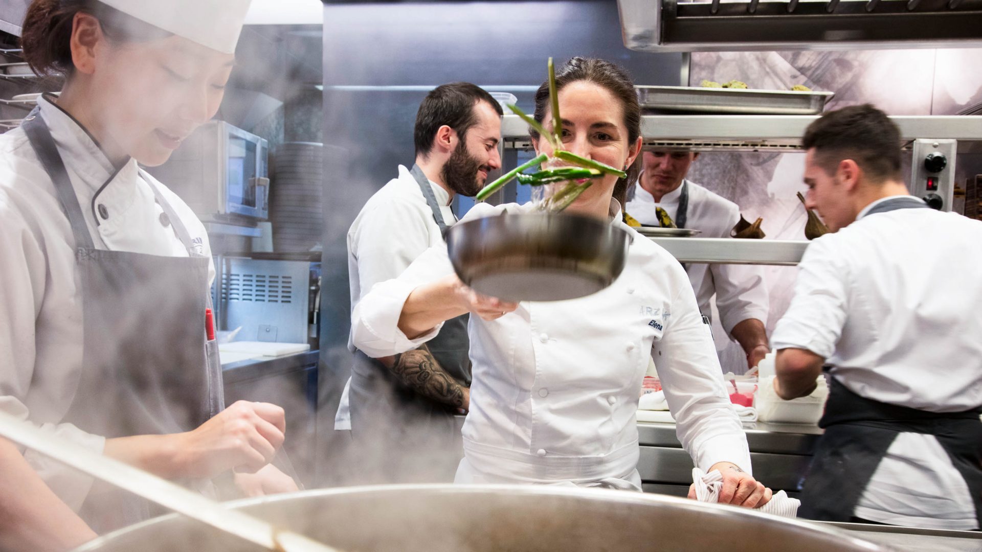 A chef at the restaurant Arzak works in the kitchen.
