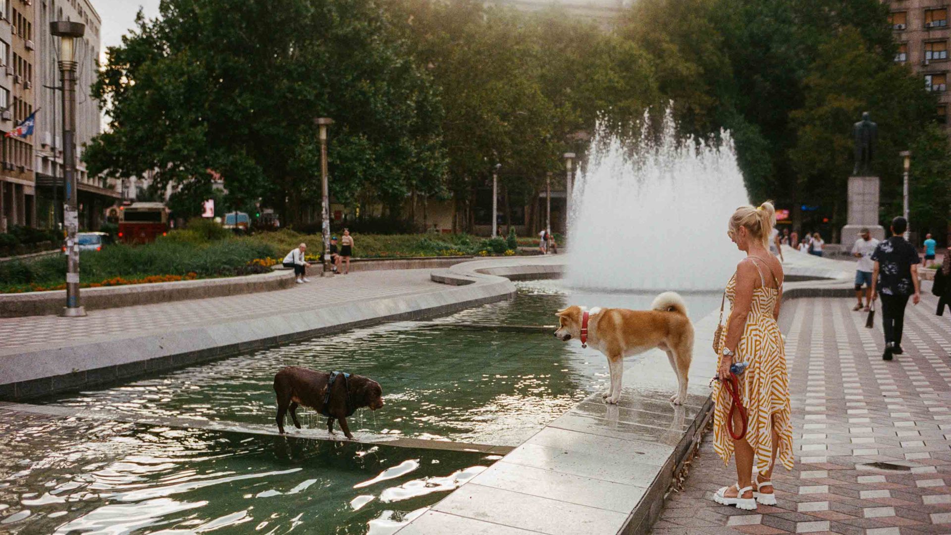 A woman stands with her two dogs by a fountain in Belgrade.