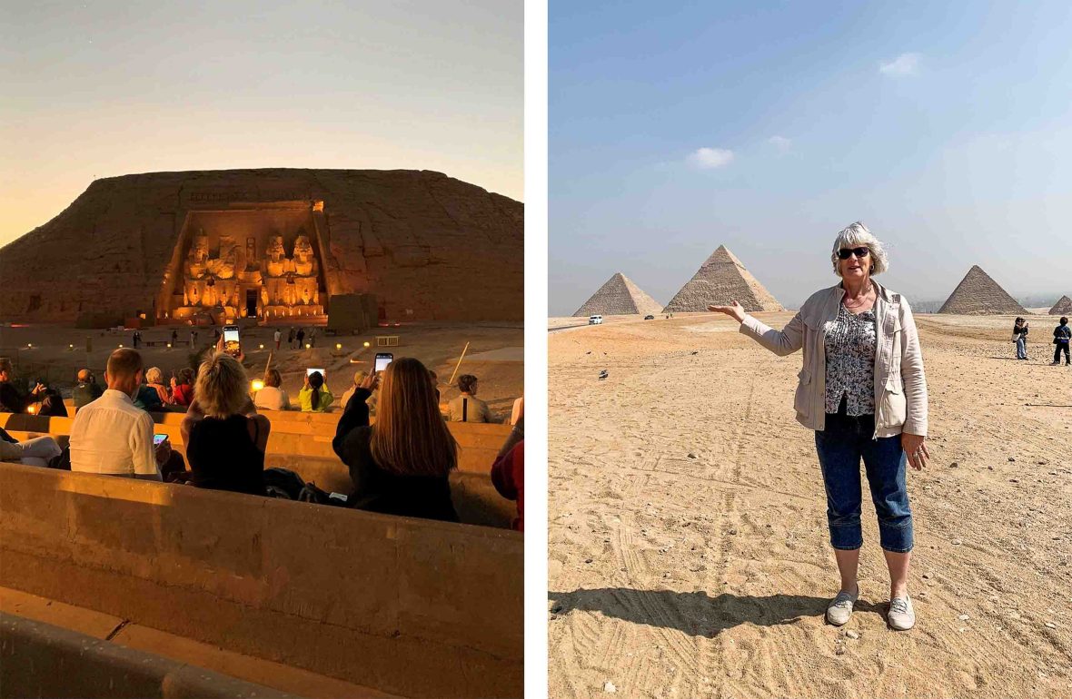 Left: Travelers look at Abu Simbel at dawn. Right: Caroline in front of the Egyptian pyramids.