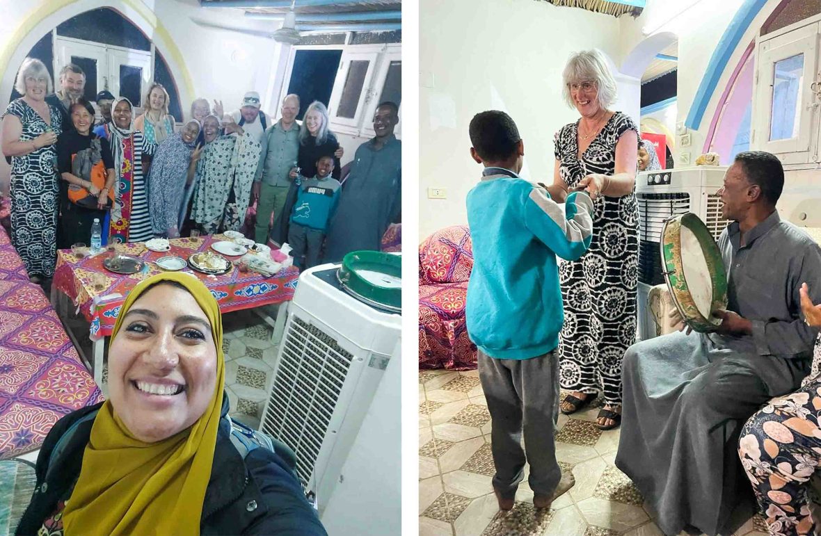 Left: A selfie with tour leader Noha in the foreground and the tour group in the background. Right: Caroline celebrates her 62nd birthday with music and dancing.