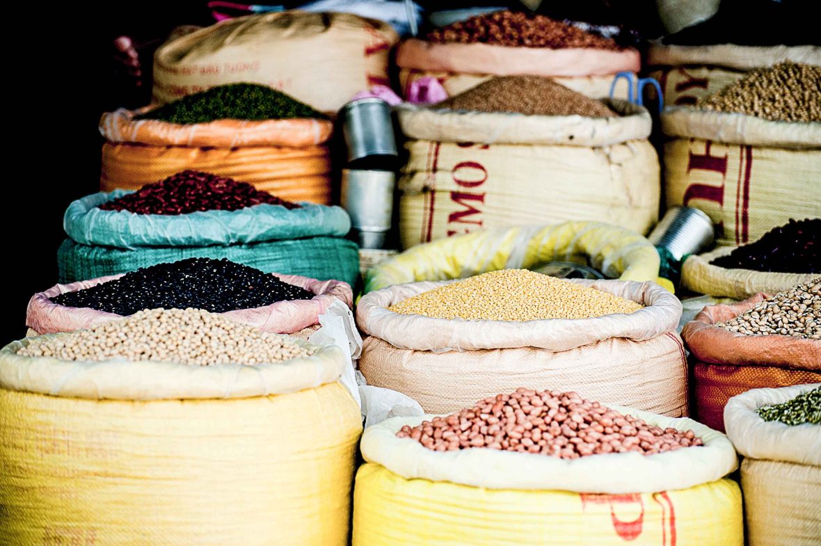 Sacks of beans, spices and other legumes.