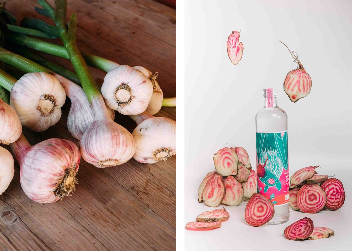Left: Garlic grown on Vetterhof Farm. Right: Beet schnapps, made with the farm's beets.