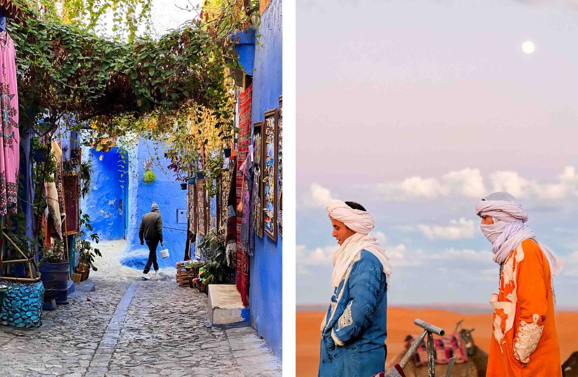 Left: A pretty narrow street with blue and pink walled houses and vines across the street; Right: Two people in the desert in traditional clothes.