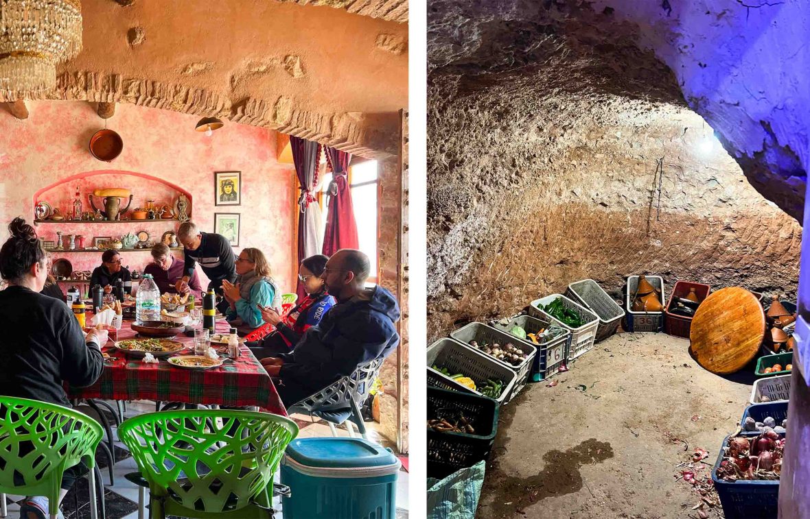 Left: A group of travelers enjoy lunch in a local restaurant; Right: Fruit and vegetables stored in a cave room for cold storage of vegetables and a stone oven to bake fresh bread.