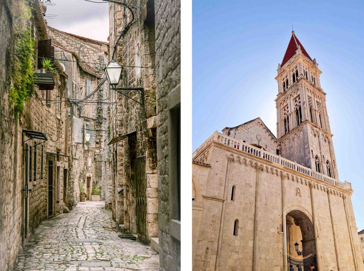 Left: A narrow cobbled street in Trogir. Right: The Cathedral of St Lawrence in Trogir.