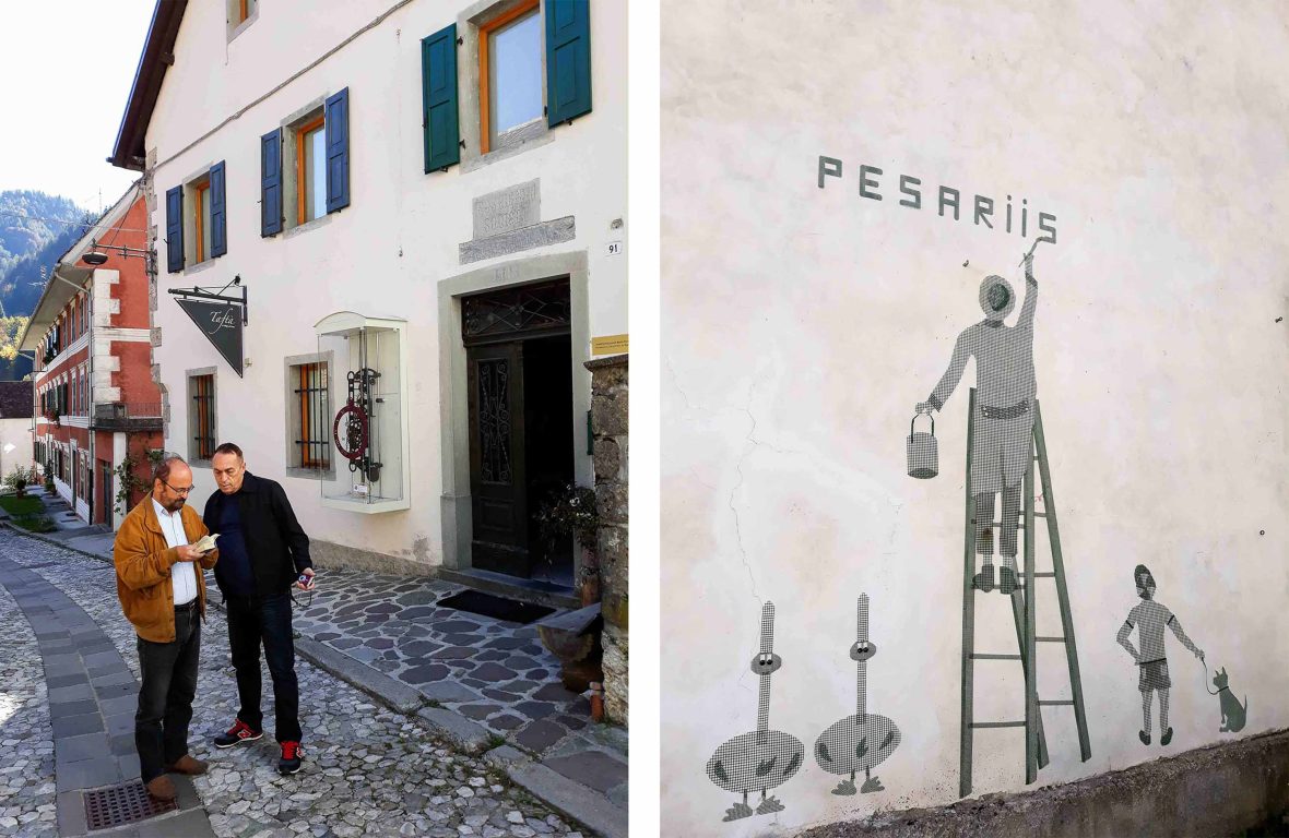 Left: Kim with Carlo, his cousin once removed in a street in Pesariis. Right: A wall painting in Pesariis.