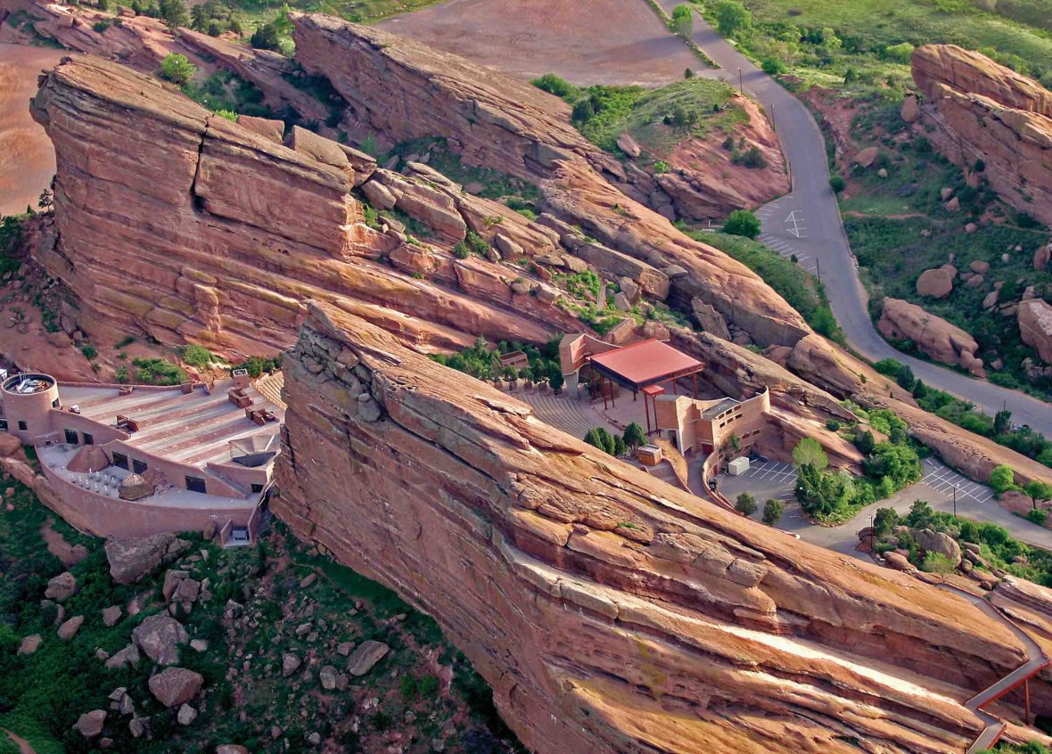 Red Rocks Amphitheatre as seen from above. Rocks and structures are visible.