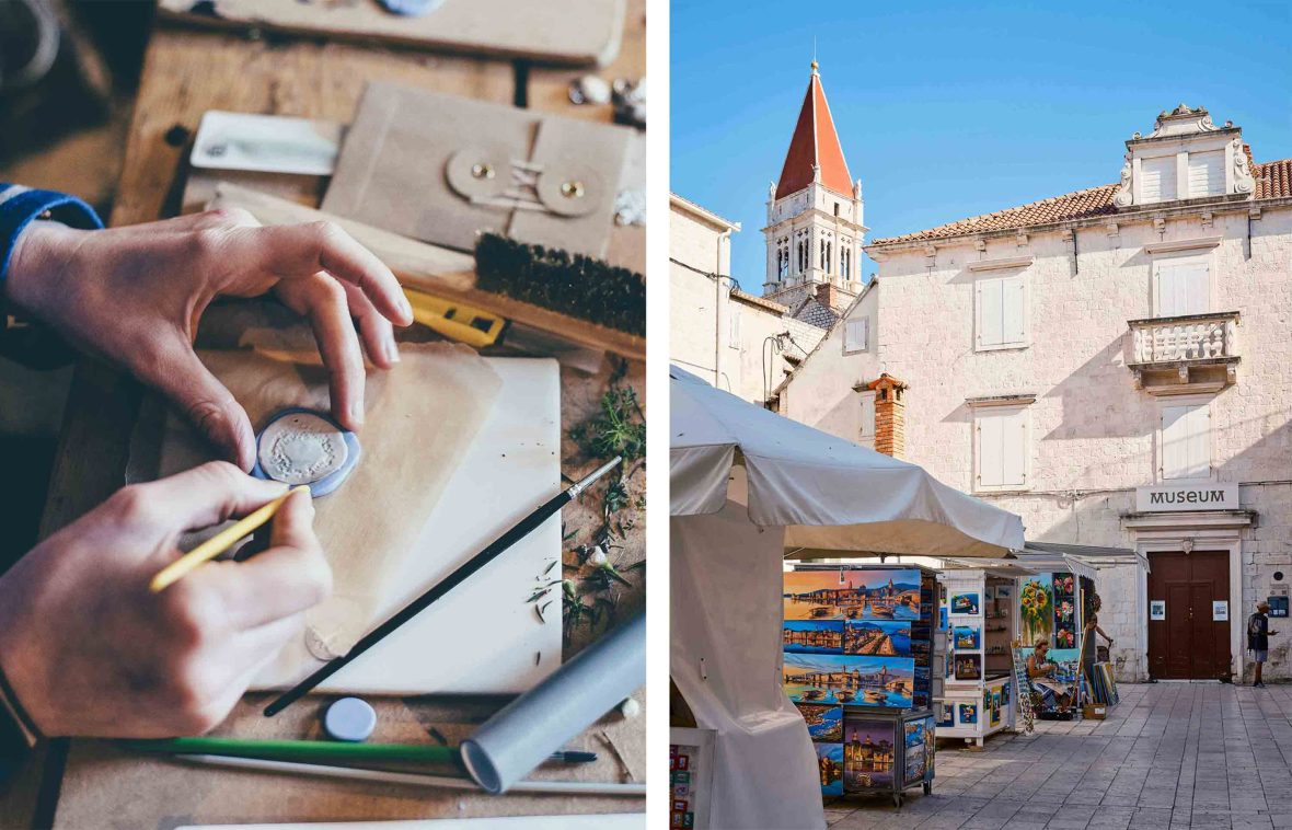 Left: An artisan jewellery maker at work. Right: A market selling paintings outside the museum.