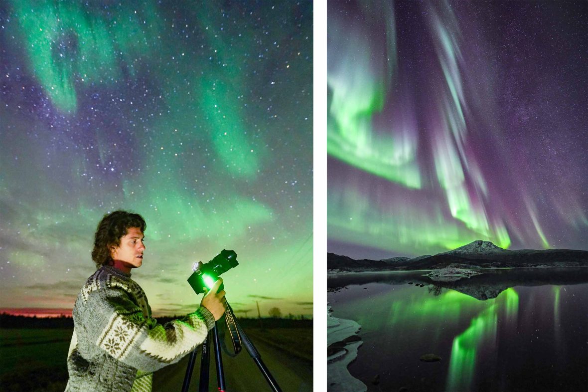 A man takes photos of the northern lights, a swirling green aurora against a rural landscape.