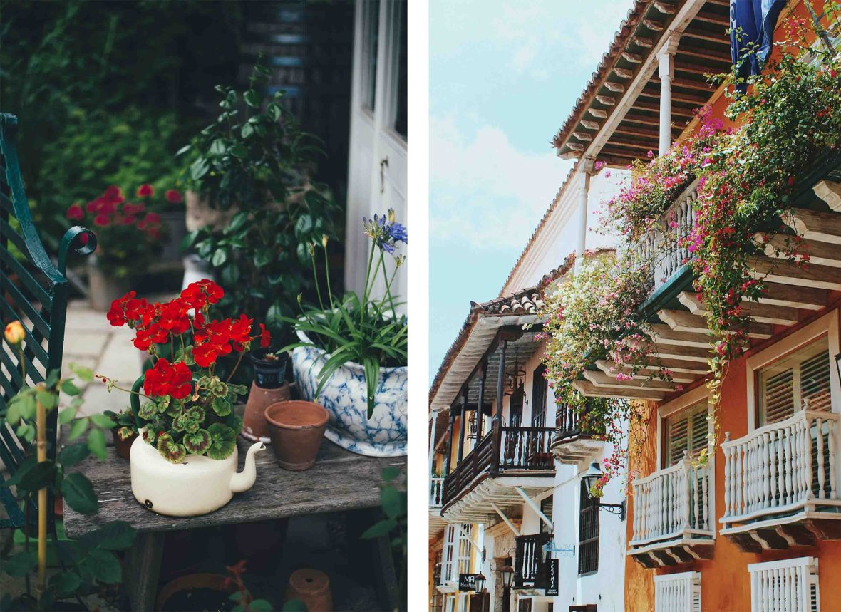 Left: Plants in pots on a balcony. Right: Plants overflow from a balcony.
