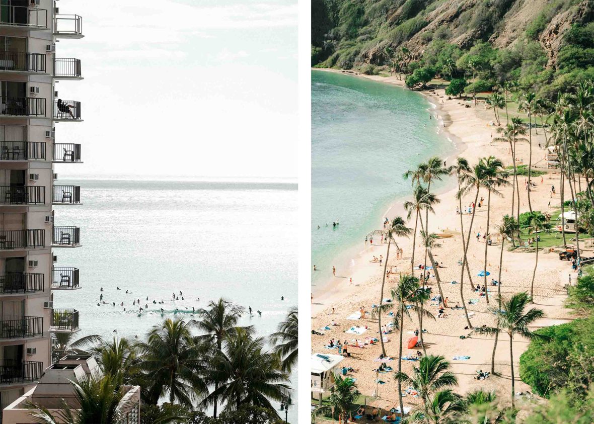 Left: An apartment building overlooking the water. Right: People crowd a beach fringed with palm trees.