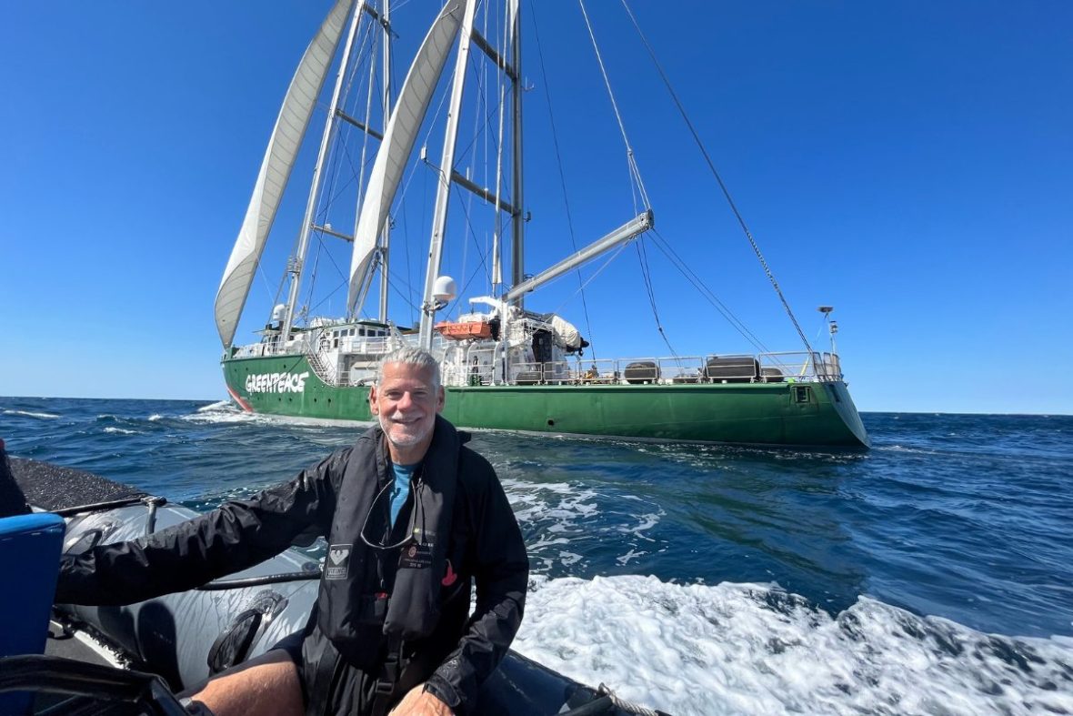 John Preston aboard Greenpeace's iconic Rainbow Warrior ship.