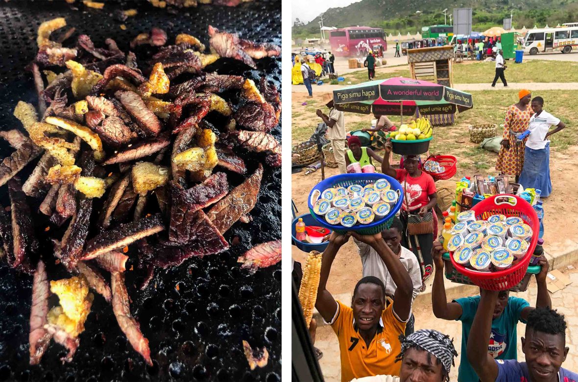 Left: Kapana (grilled beef) on a grill. Right: Vendors sell food through a bus window.