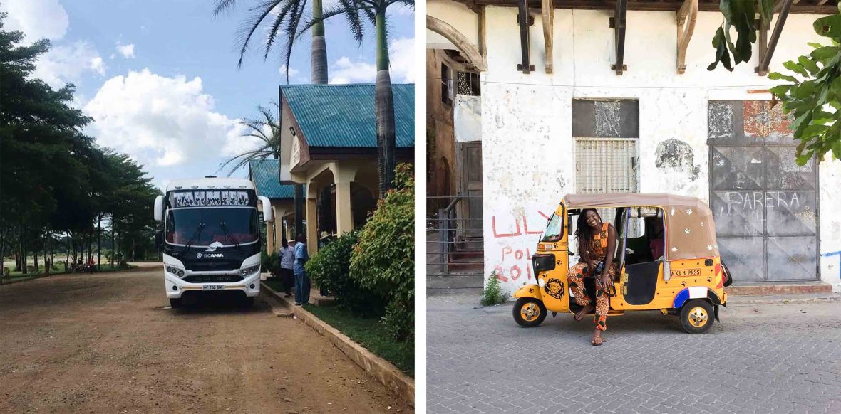 Left: A bus is stopped at a white and green building. Right: The writer steps out of a yellow tuk tuk.