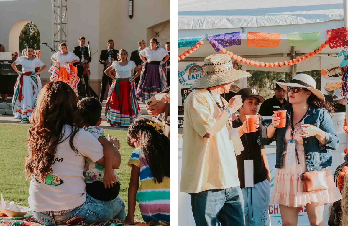 Left: A mother and child watch a mariachi band performing. Right: People stand and drink under colouful bunting at an event.