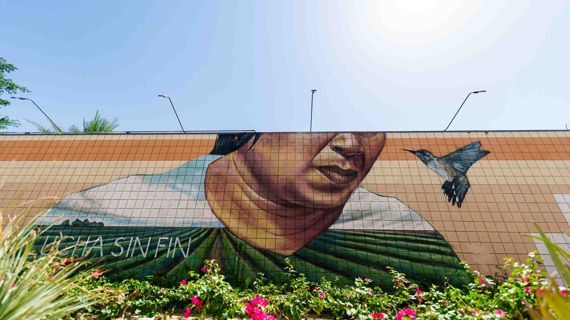 A mural of a woman and rows of fields.