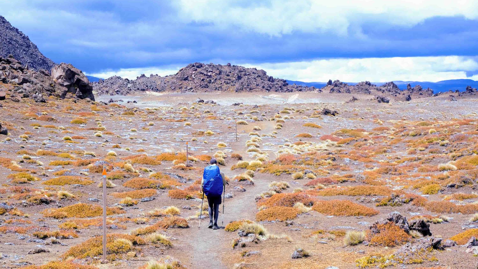 A single figure with a blue backpack walks across a barren stretch of land.