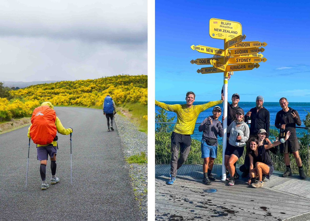 Left: Two hikers walk on the road, surrounded by yellow flowers. Right: riends from the trail surround the sign that marks the finish of the trail.