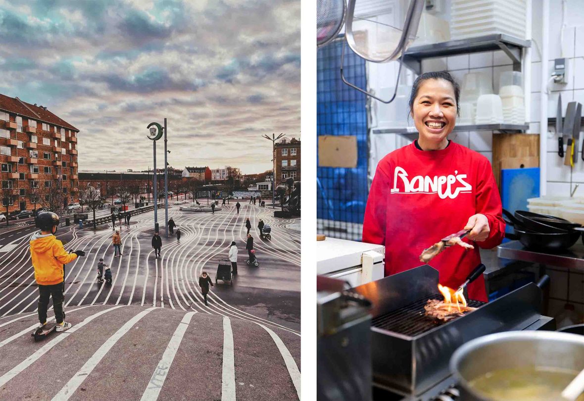 Left: People walk, ride and skate down the lined street in Nørrebro. Right: A woman in a red Ranee t-shirt smiles to camera as she cooks in a kitchen.