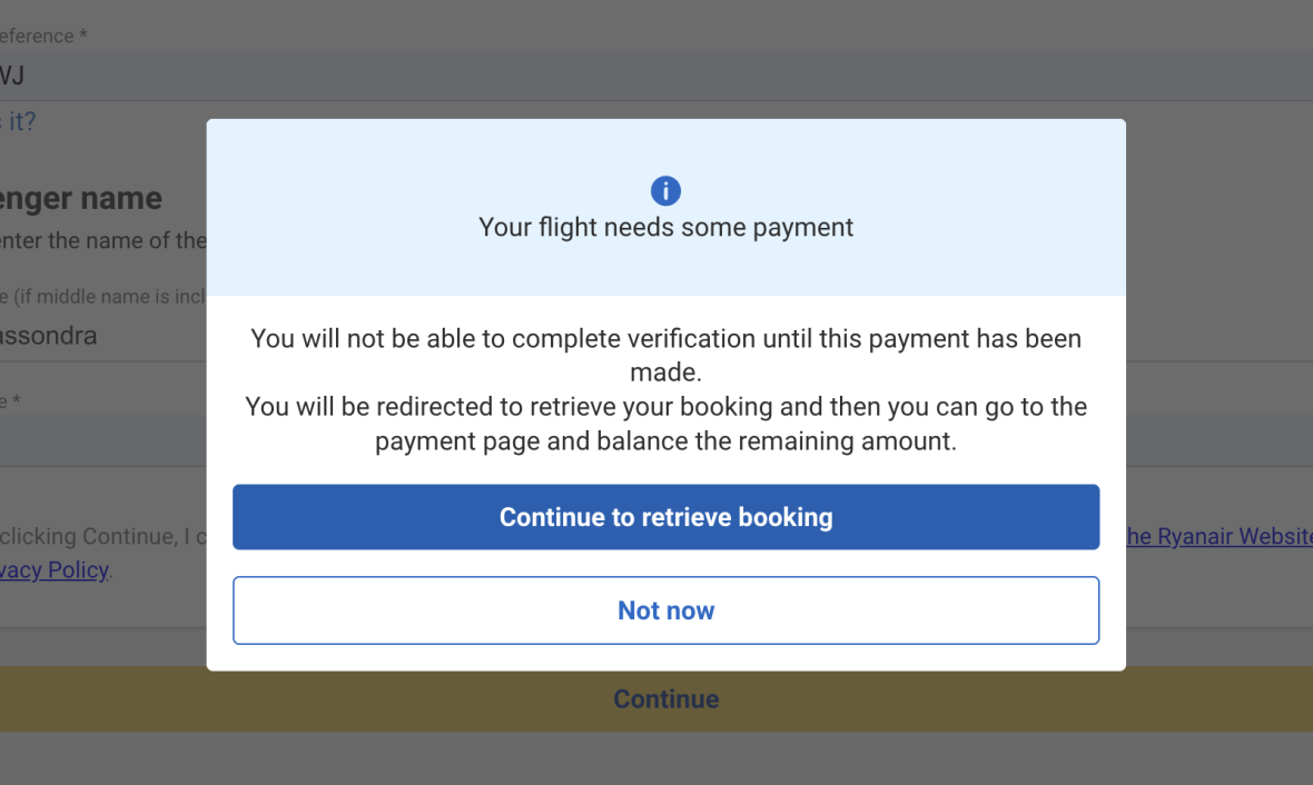 A popup from Ryanair demanding the passenger pay an extra fee.