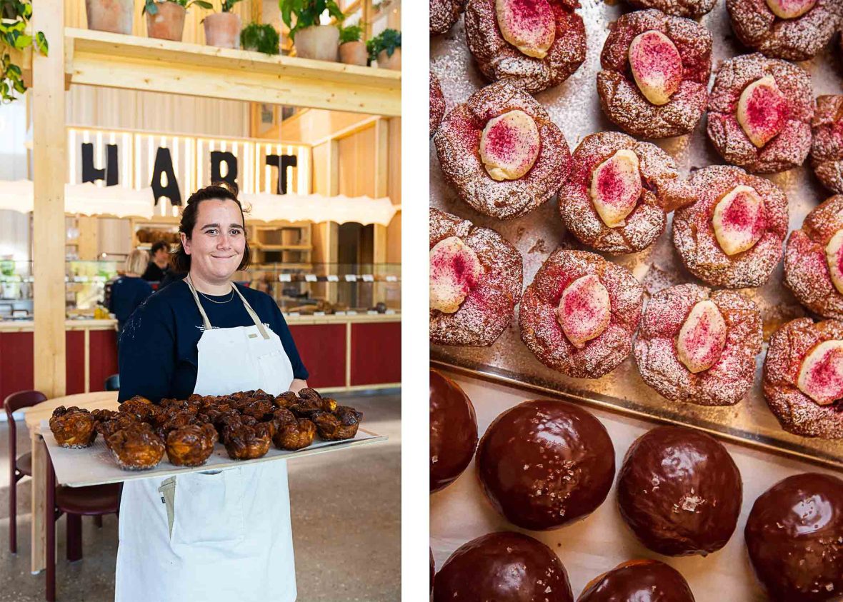 Left: Talia from Hart bakery holds a plate of danishes. Right: A tray of pink and brown danishes.
