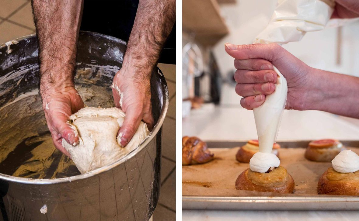 Left: Hands can be seen preparing dough at a bakery. Right: Cream is added to the top of pastries.