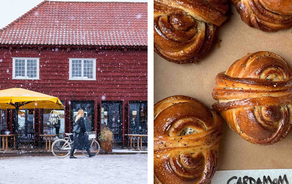 A woman pushes her bike past Hart Bakery in the snow. Right: A selection of baked Danish pastries.
