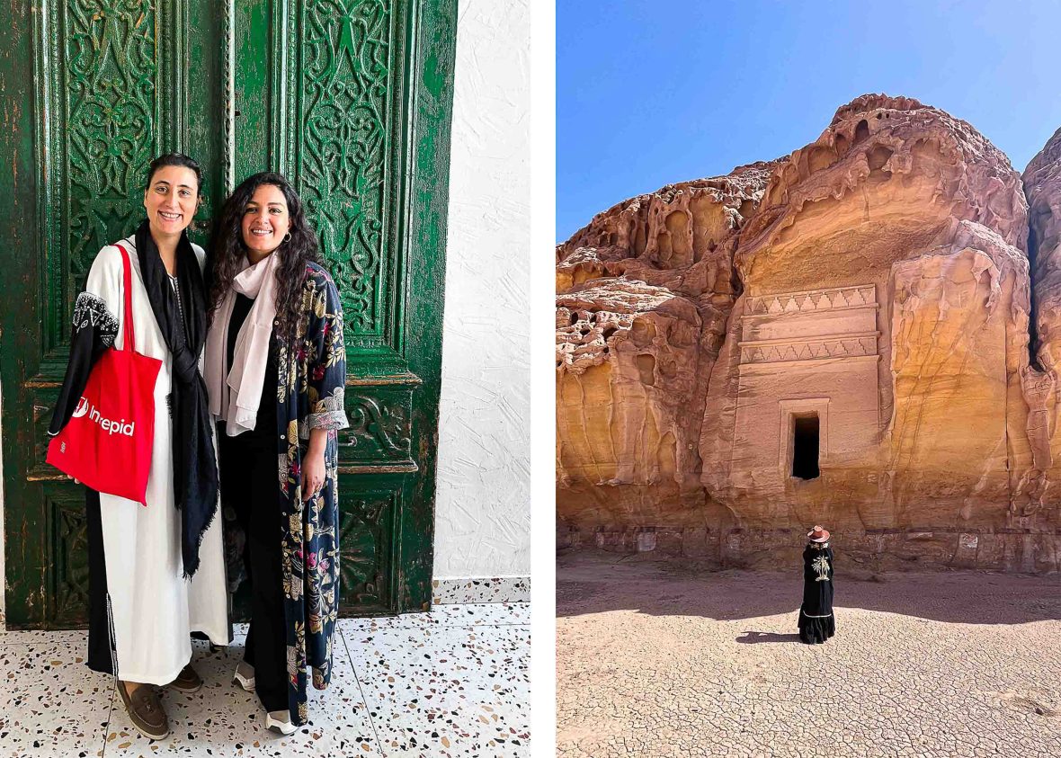 Left: Two women stand side by side smiling in front of a green door. Right: A woman stands in front of Al Ula Hegra Nabatean tombs.