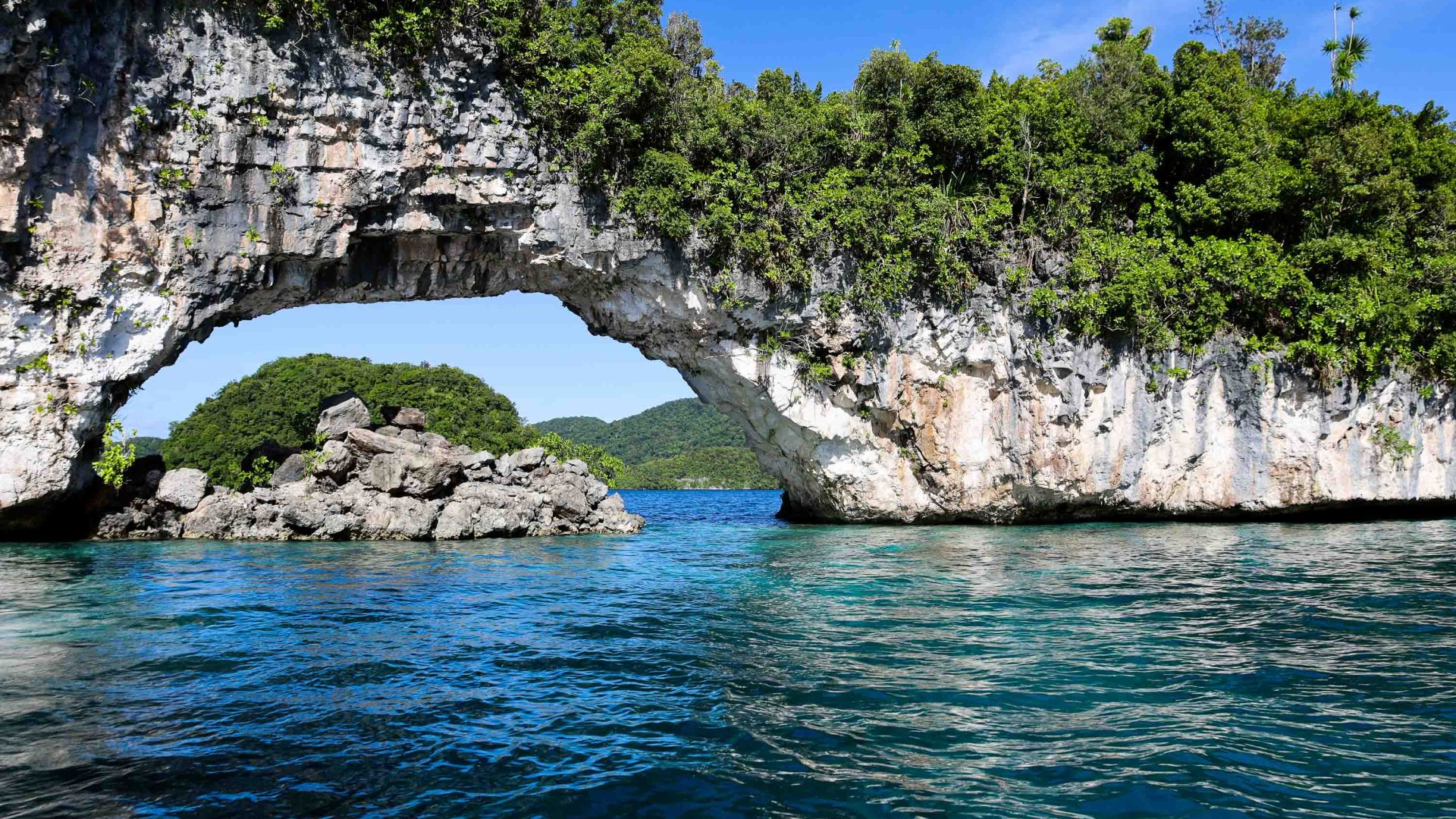 A rocky arch covered in trees, above the sea.