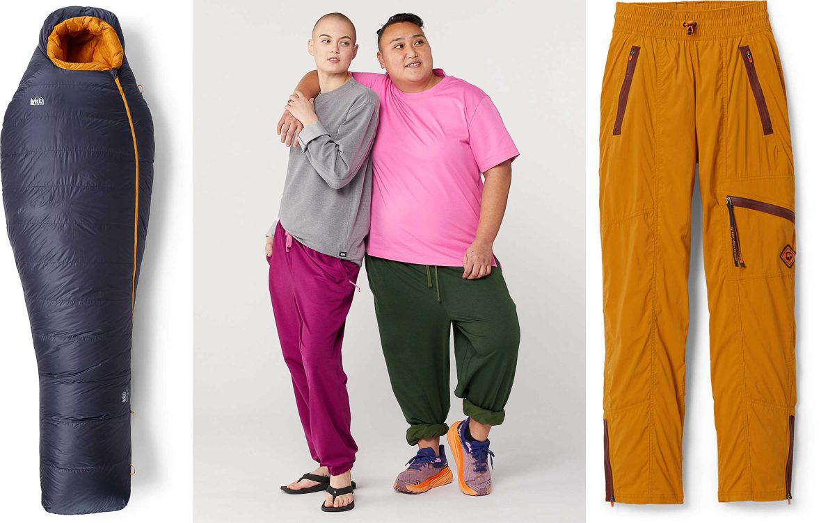 A sleeping bag, a pair of trousers and two models posing in clothing with their arms around each other.