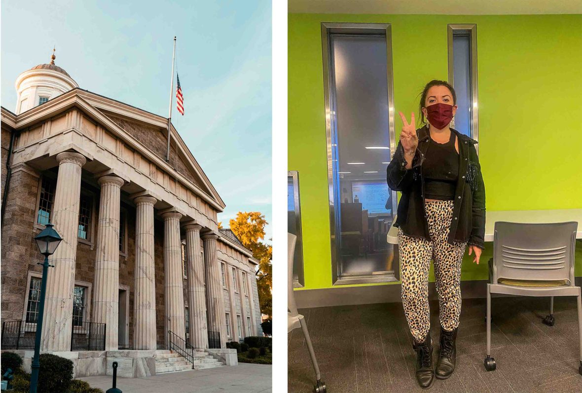 Left: A Courthouse building. Right: Kaitlyn at law school.