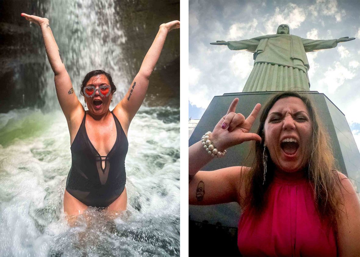 Left: A woman smiles while standing in water, arms outstretched, under a waterfall. Right: A woman looks ecstatic underneath the 30-meter-high Christ the Redeemer statue in Rio de Janeiro.