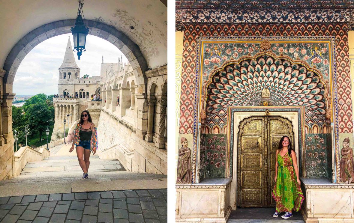Left: Kaitlyn walks through an arch in Hungary. Right: Kaitlyn stands in front of an ornate door in India.