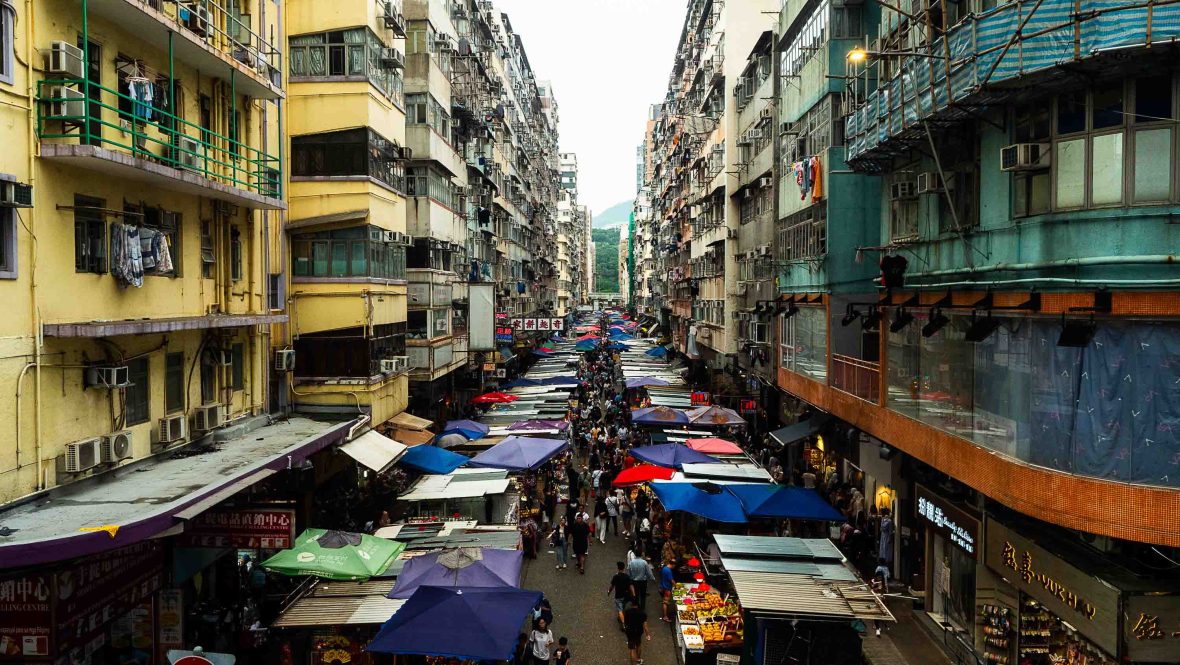 A street of market stalls.