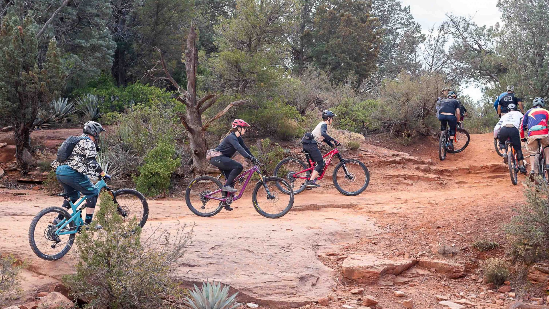 Mountain bikers ride in single file along a dirt trail.