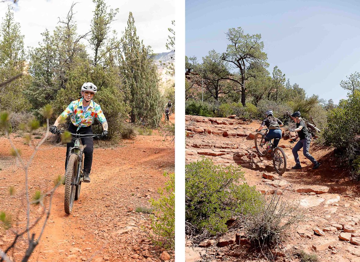 Left: A woman bikes down a dirt path. Right: One woman helps another rider get up a steep and difficult part of a track.
