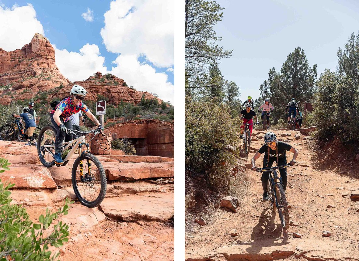 Left: A woman rides down a track with mountains behind her. Right: A woman descends a trail with other riders watching behind her.