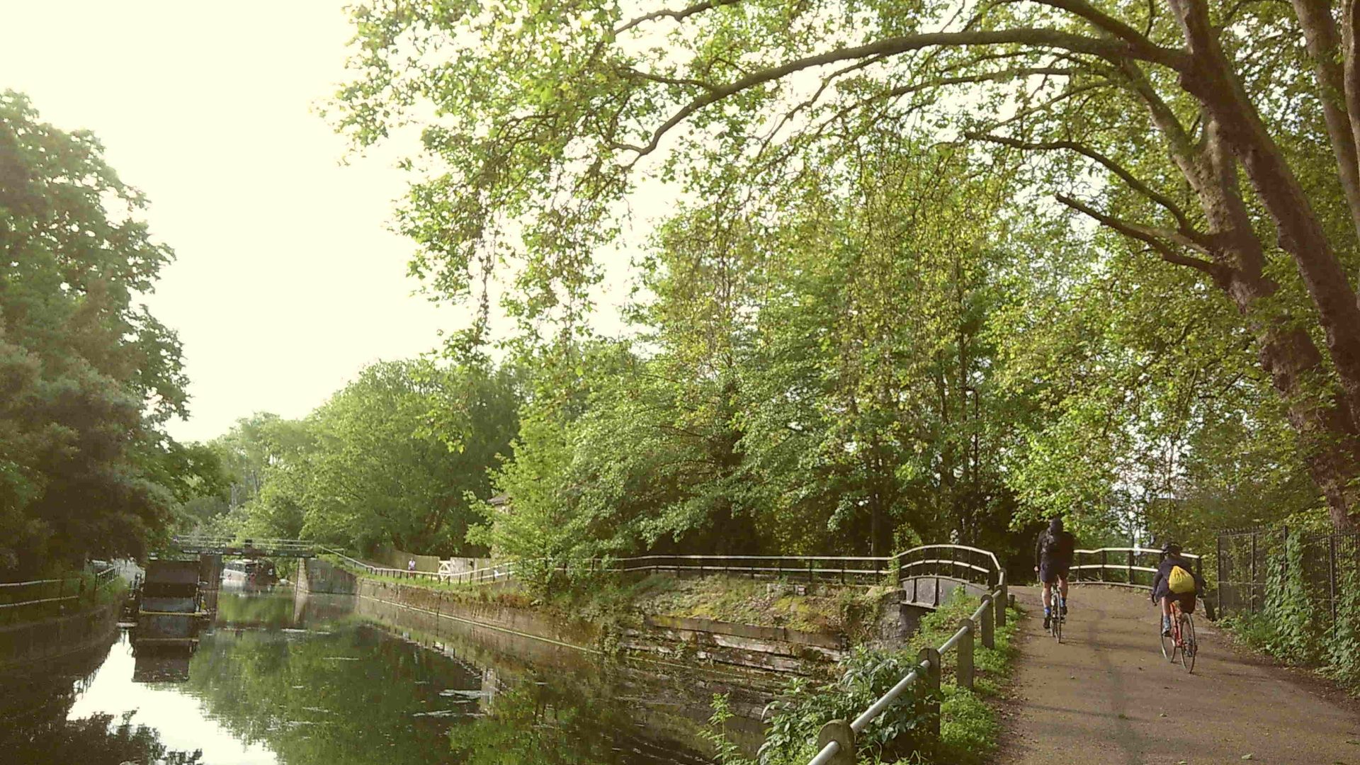 A towpath curves around an urban canal in East London. Leafy tree branches arch over the path.