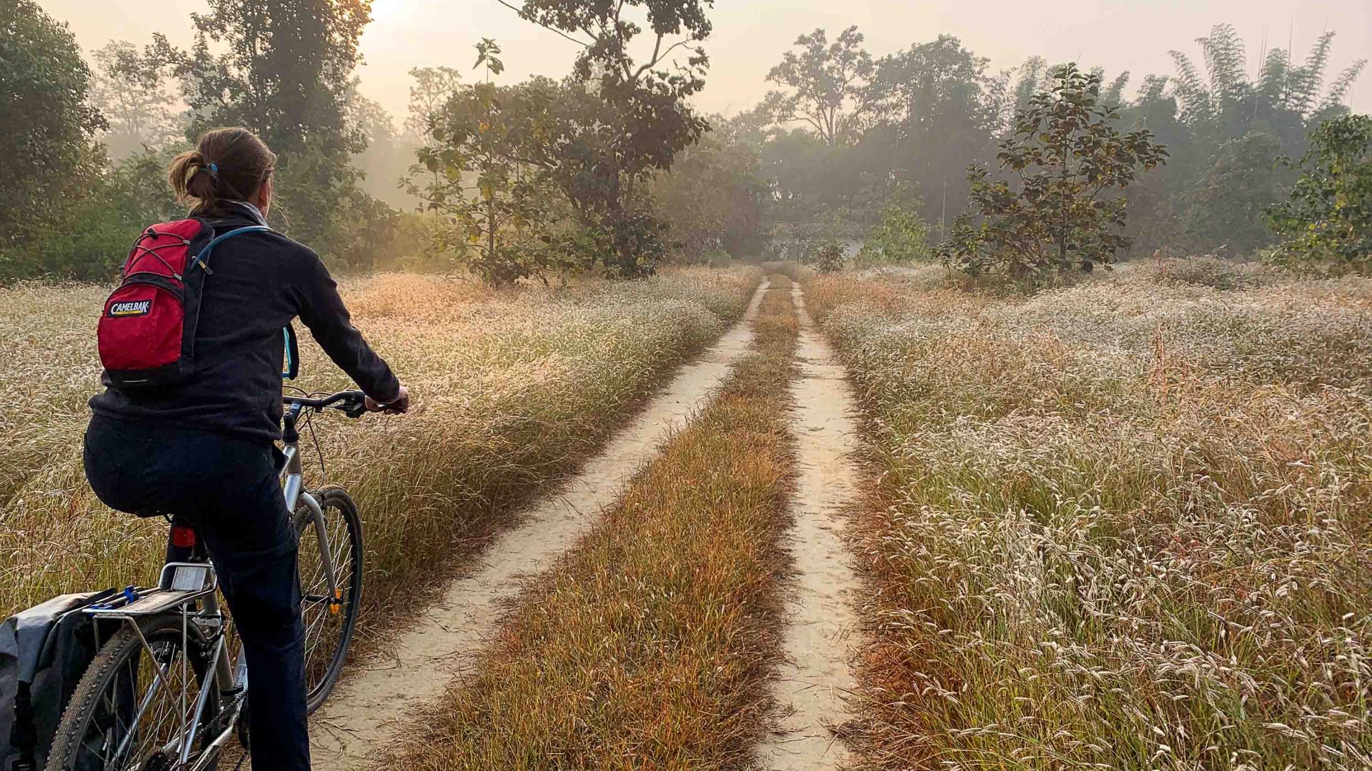 A traveller on a bike on a dirt path in Khana National Park.