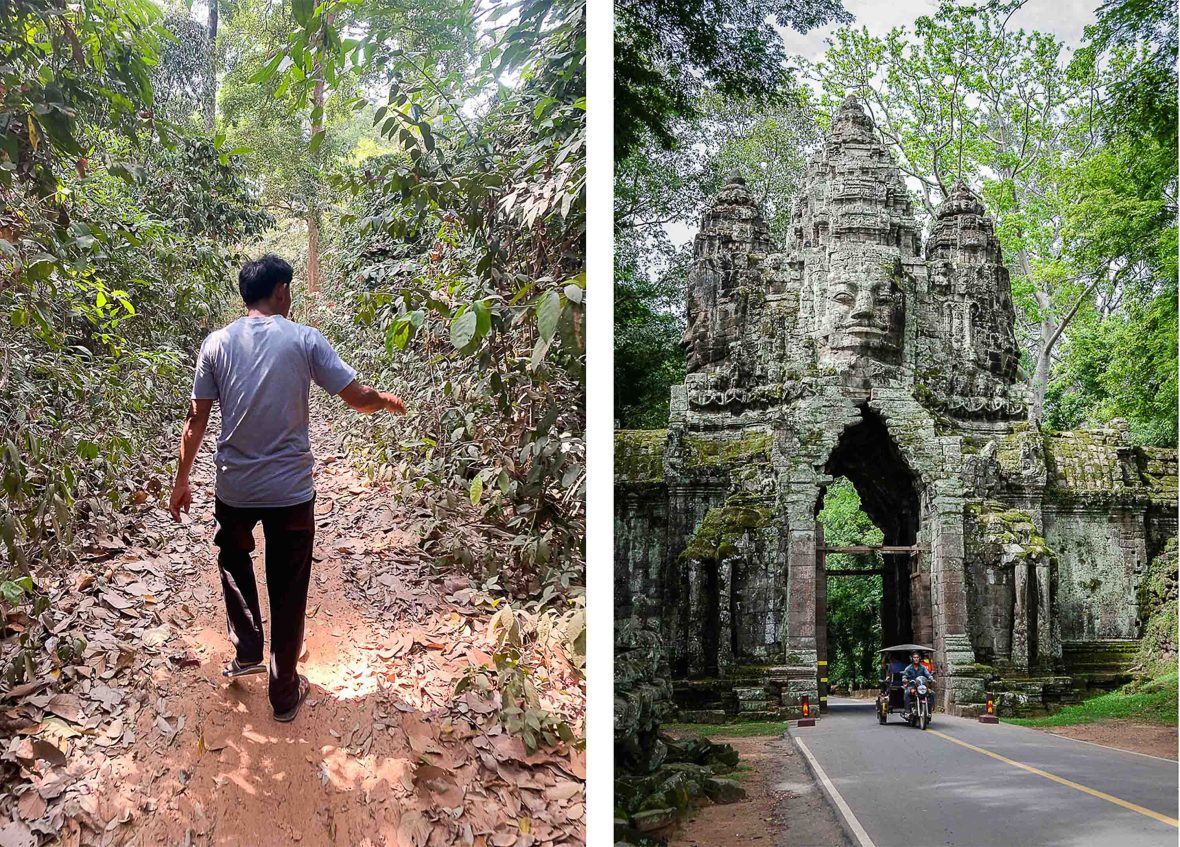 Left: Sour takes the writer down a hidden jungle path back to the tuk tuk. Right: A tuk tuk drives through the entry of a temple at Angkor Wat.