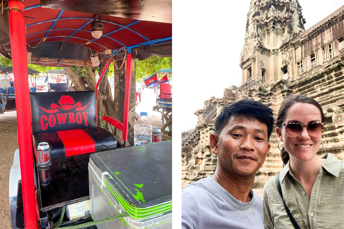 Left: The Cowboy branded tuk tuk. Right: Sour and Zanny at Angkor Wat temple.