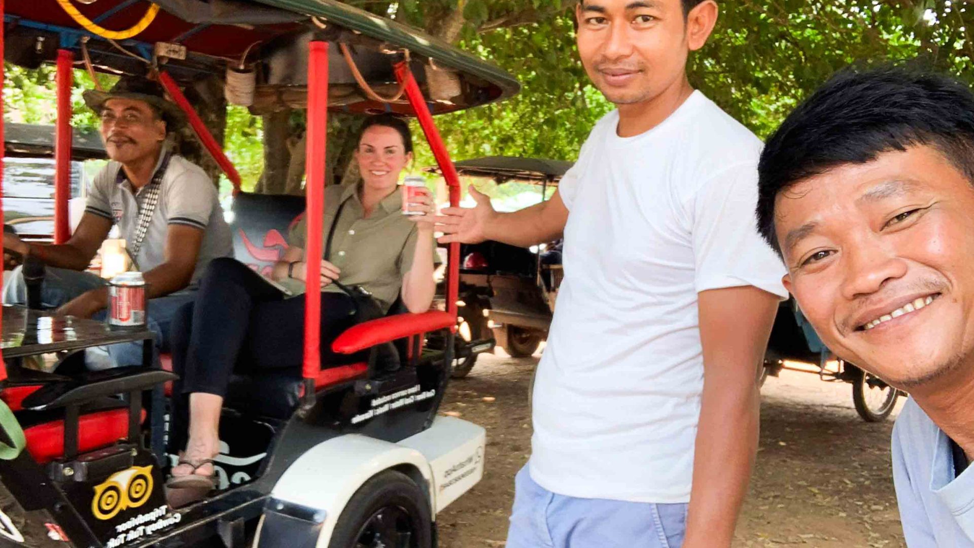 Zanny in a tuk tuk with drivers Cowboy, Phorn and Sour.