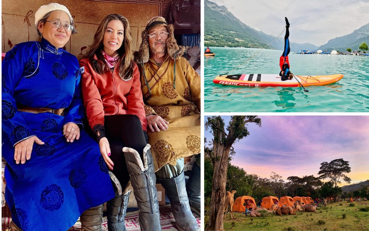 Left: Christine Amour-Levar sits alongside two people she met on her travels; Right upper: A kayak on a lake; Right lower: A campsite at sunset