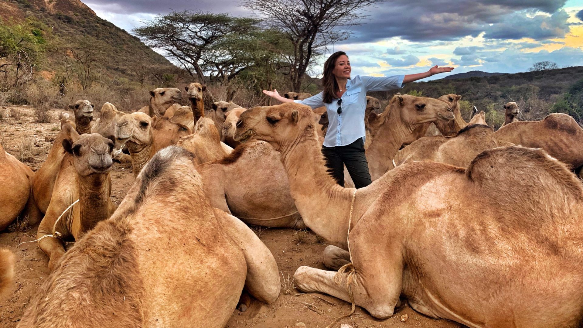 A woman, Christine Amour-Levar, stands among a group of camels.