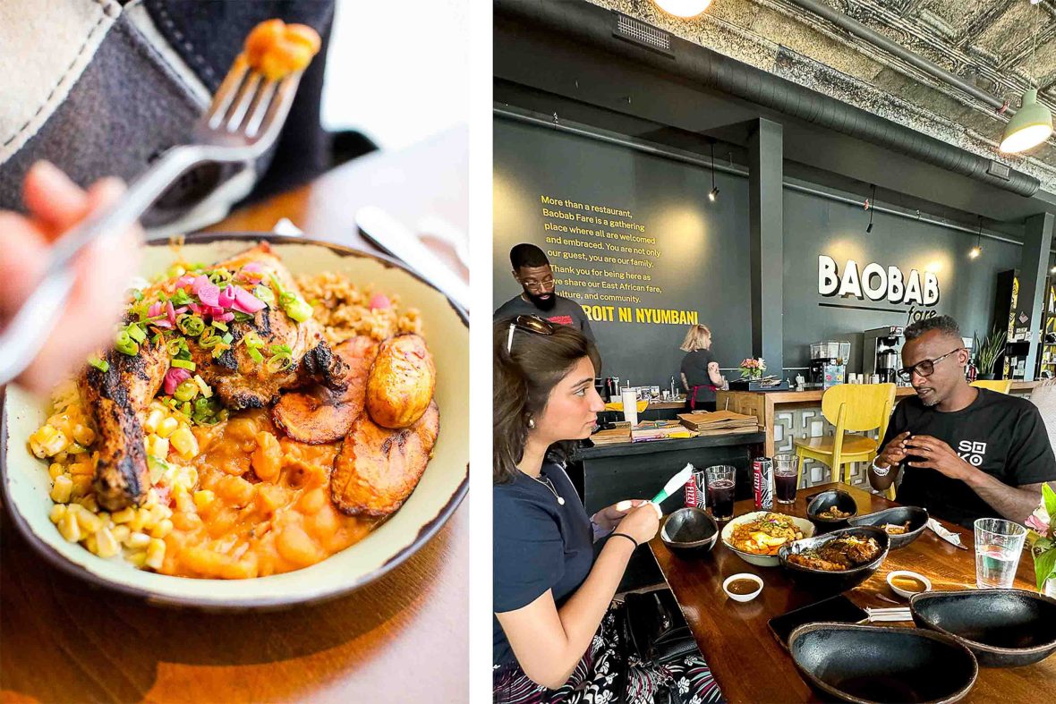 Left: A plate of food being eaten by a fork. Right: Two people eat at a table together.