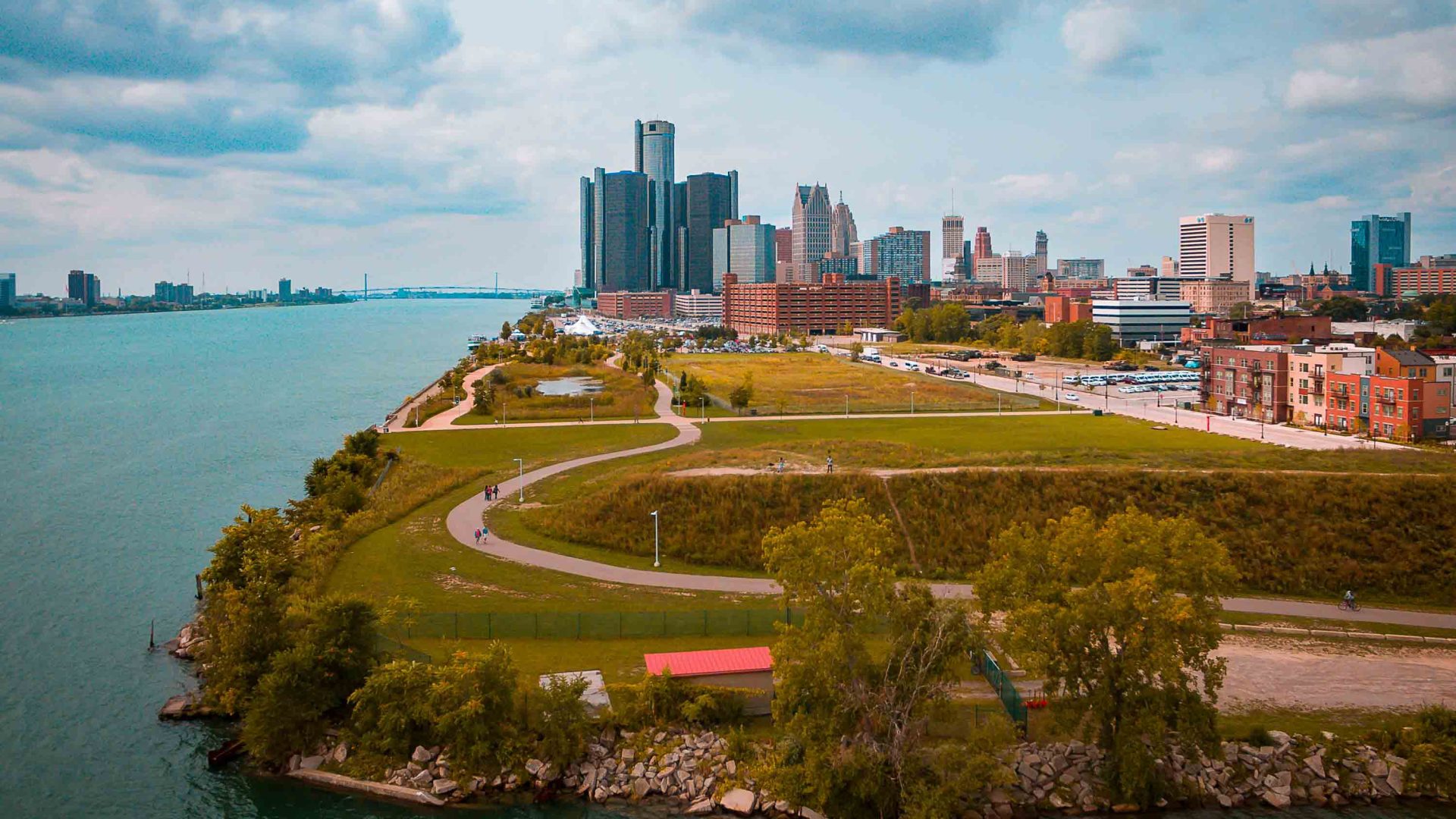 Detroit city and waterfront as seen from a drone.